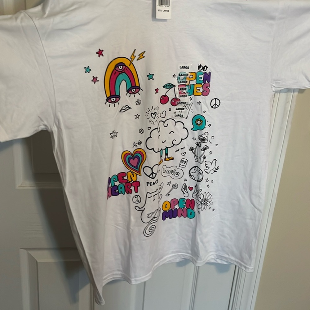 Vintage 90s Multiple Rainbow Love Happy Graphic Short Sleeve Crew Neck T-Shirt